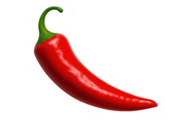 Vibrant, ripe red chili pepper with a curved green stem, isolated on a transparent background, ready for culinary or design projects