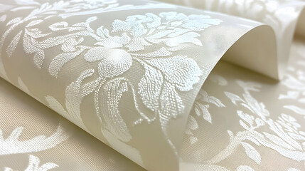 Close-up of Elegant Cream Wallpaper with Intricate Damask Design