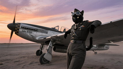 Fototapeta premium Black cat in military pilot uniform leaning on vintage P-51 Mustang airplane wing at sunset, dramatic aviation scene, animal anthropomorphism