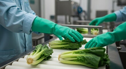 Bok choy inspection on conveyor belt by workers wearing green gloves in food processing plant