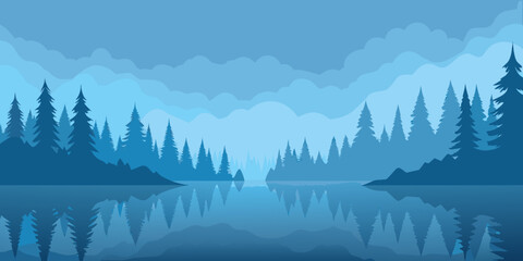 Snowy winter mountain landscape with fog and pine trees