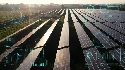 Aerial View of a Solar Power Plant with Futuristic HUD Overlay - Powered by Adobe