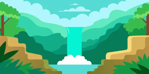  Vector illustration of an old factory in a green summer mountain landscape with blue sky and clouds © Sharati