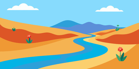 A vector illustration of a tropical beach landscape with sand, sea, sun, and palm trees under a summer sky