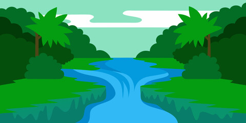 Fototapeta premium Summer forest landscape with a calm river reflecting the blue sky and green trees