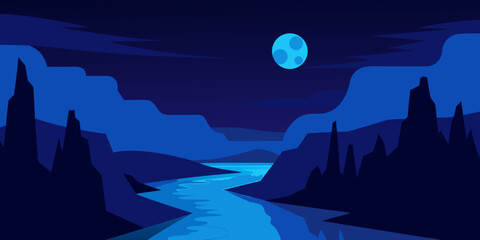 Serene Night Landscape Moonlit River and Majestic Mountains