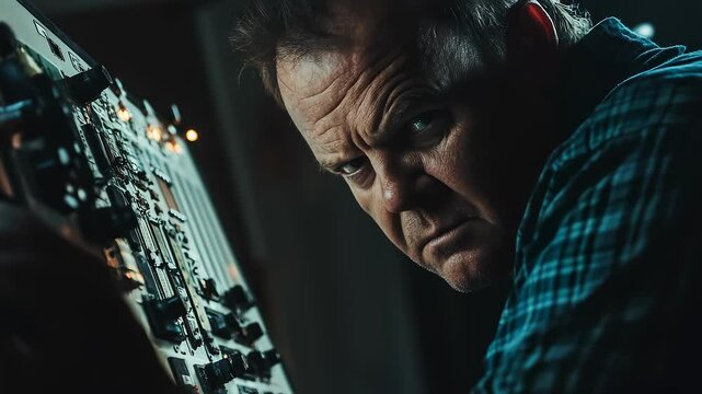 Engineer Focuses on Debugging Equipment with Serious Expression
