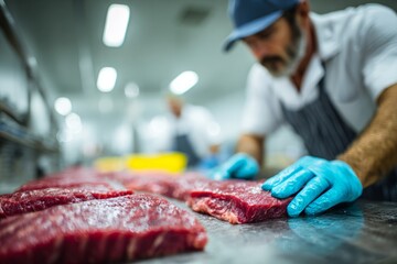 Butcher handling fresh raw beef in meat processing facility