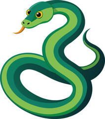 Stylized green snake with yellow eyes and orange tongue on white background