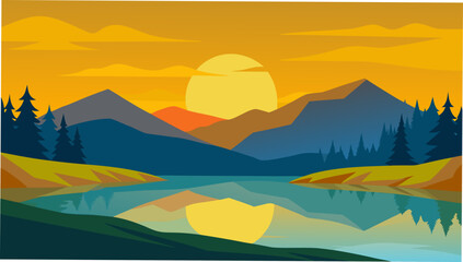 Naklejka premium Majestic Sunset Landscape Golden Hour Mountains and Serene Lake Reflection