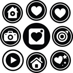 Black and white social media icons with hearts camera play button and house vector