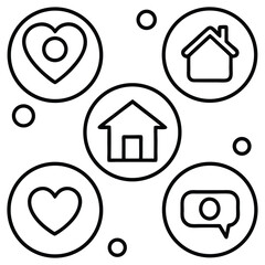 Black outline icons hearts houses message bubble circles heart icon house icon
