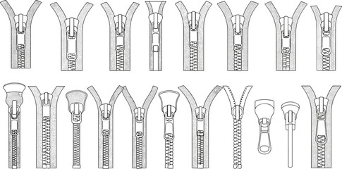 Zipper slider and pull tab variations cad drawing flat vector illustration, top and bottom views, mechanical closure styles, garment hardware sketch