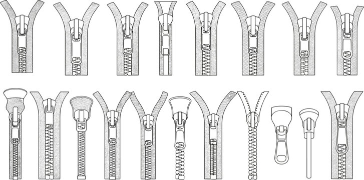 Zipper slider and pull tab variations cad drawing flat vector illustration, top and bottom views, mechanical closure styles, garment hardware sketch