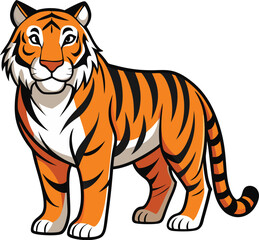 Friendly cartoon tiger standing proudly with black stripes and white belly