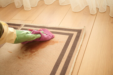 Cleaning a dirty rug during the day at home