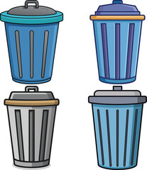 Collection of four cartoon trash cans with lids in various colors and styles