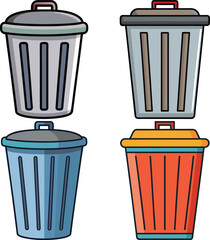 Four colorful cartoon trash cans with lids and handles on a white background