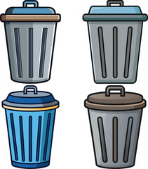 Collection of four cartoon style trash cans with lids and handles