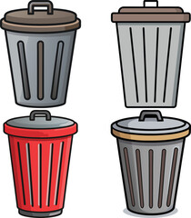 Collection of four cartoon style trash cans with lids in different colors