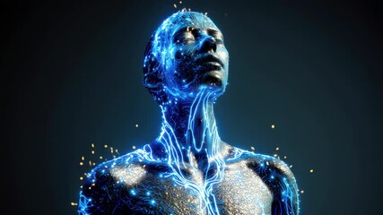 Glowing digital human form illuminated by blue neural energy in futuristic abstract space - Powered by Adobe