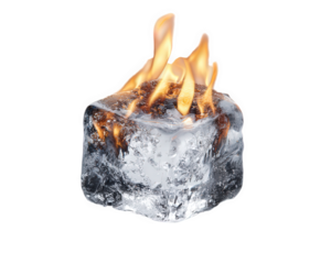 Ice cube with fire melting surreal isolated on transparency background creative contrast hot and cold conceptual object dramatic