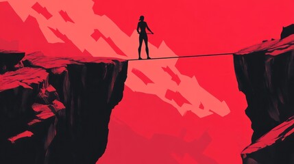 Silhouette figure on a tightrope over a chasm