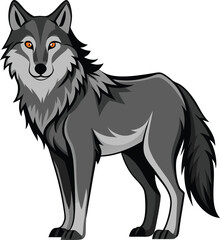 Stylized illustration of a grey wolf with bright orange eyes standing alert