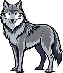 Stylized gray wolf standing proudly with alert eyes and fluffy mane