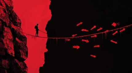 Silhouette figure on rope bridge between red cliffs