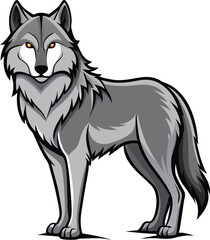 Stylized grey wolf with piercing yellow eyes standing alert on a white background