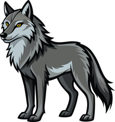 Stylized gray wolf standing alert with bright yellow eyes on white background