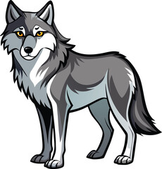 Stylized cartoon wolf standing proudly with alert eyes and fluffy fur