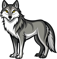Stylized grey wolf with yellow eyes standing alert against a white background