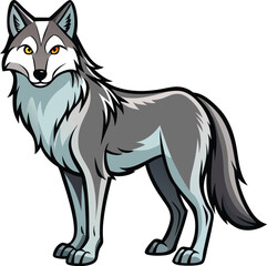 Stylized cartoon wolf standing proudly with fierce eyes on white background
