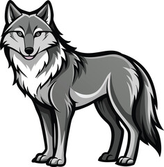 Stylized grey wolf standing alert with a friendly expression and white background