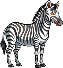 Cute cartoon zebra with black and white stripes standing on a white background