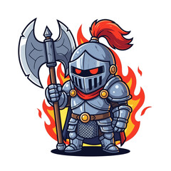 Obraz premium Cute cartoon knight in shining armor holding a battle axe with fire background