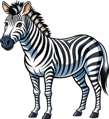 Cute cartoon zebra standing with black and white stripes isolated on white background