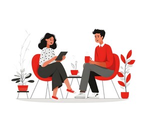 Two friends enjoying a casual conversation over coffee in a cozy, modern indoor setting