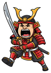 Chibi Samurai in Red Armor Yelling Battle Cry