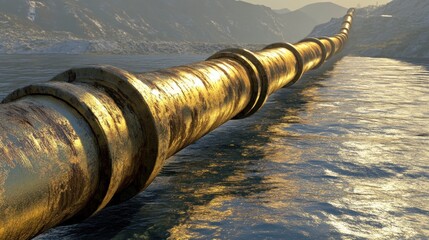 Rusty pipeline spans a river valley