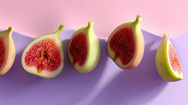Close up of a bunch of green and red figs. The figs are sliced in half and arranged in a row. The image has a vibrant and fresh feel to it, with the bright colors of the fruit