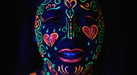 Naklejka premium Luminous face art with glowing broken hearts and swirling patterns under black light