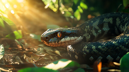 Obraz premium Vivid coiled serpent glides through tropical foliage high resolution picture