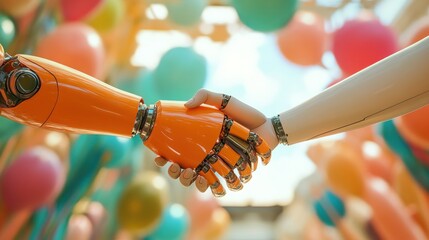 Robotic hands shaking in celebration