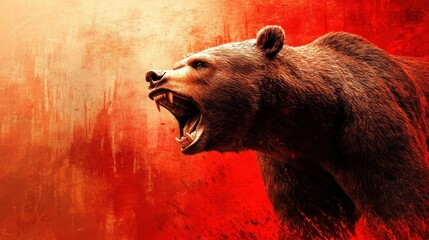 Roaring bear against fiery backdrop