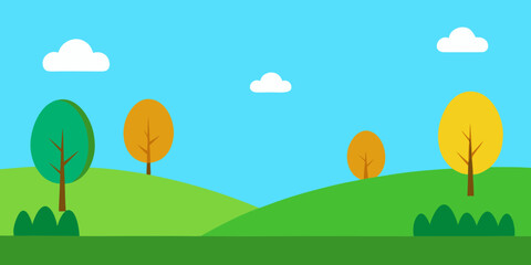 Fototapeta premium Colorful cartoon landscape with trees, green grass, and a blue sky in a vibrant autumn or spring day