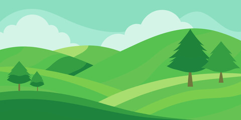 Fototapeta premium Serene landscape with trees, rolling hills, and distant mountains under a vibrant sky, capturing the essence of nature