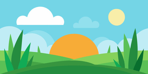 Obraz premium Easter eggs in a vibrant green meadow with rolling hills under a blue sky, illustrating a serene spring countryside